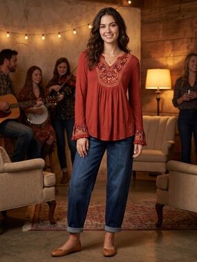 One World Rust Floral Embroidered Boho Festival Flowy Casual Long Sleeve‎ Top